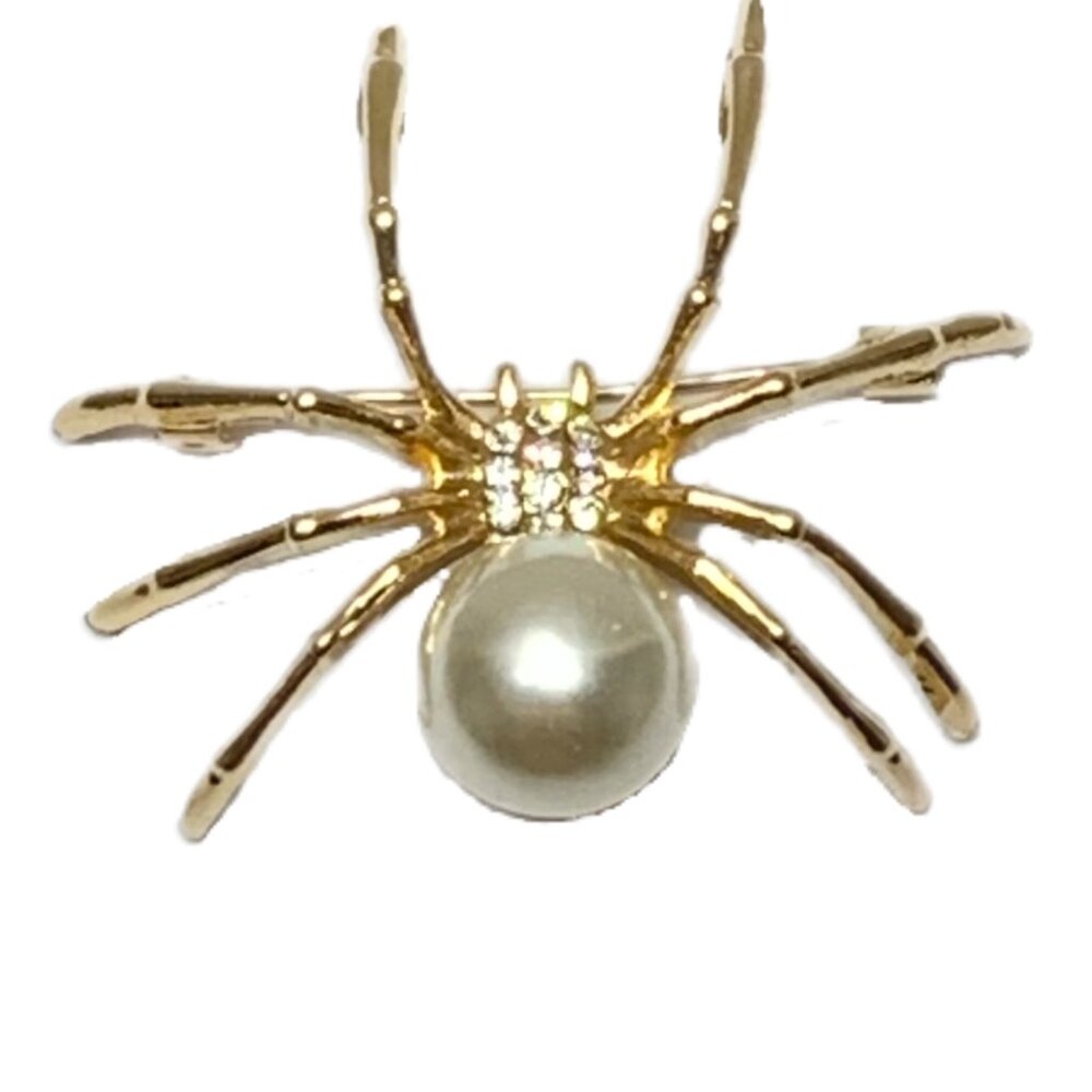 Gold Spider Brooch Faux Pearl Rhinestone Halloween Gothic Pin - Picture 5 of 7